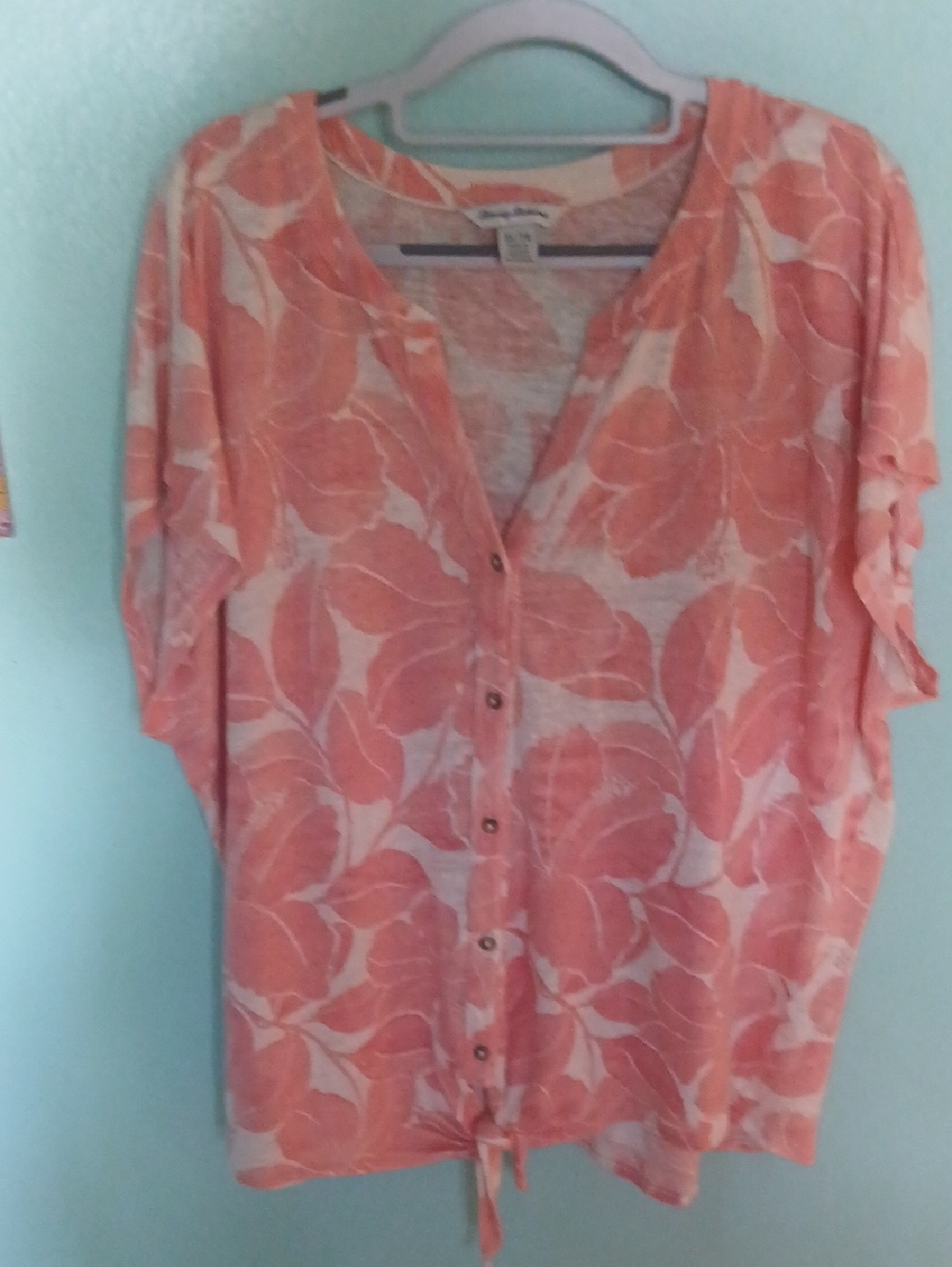 Tommy Bahama Coral Leaf-Print Button Down Tie-Hem Top